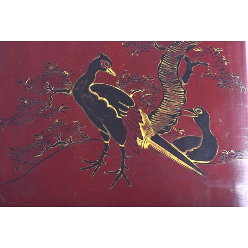 1168 - A LARGE EARLY 20TH CENTURY JAPANESE MEIJI PERIOD RED LACQUER BOX AND COVER decorated with birds. 24 ... 