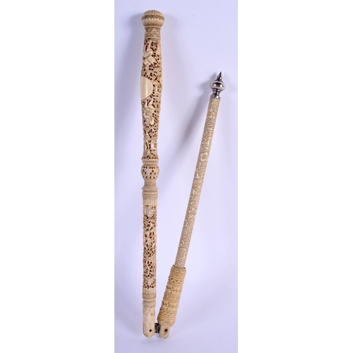 1174 - AN EXTREMELY RARE 19TH CENTURY CHINESE CANTON IVORY FOLDING SCROLL POINTER Qing, with silver mounts.... 