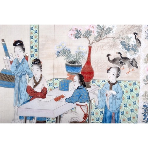 1182 - A LARGE PAIR OF 19TH CENTURY CHINESE PAINTED SILK PANELS Qing, depicting figures and birds in variou... 