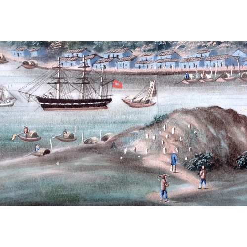 1198 - A 19TH CENTURY CHINESE PAINTED PITH PAPER WATERCOLOUR Qing, depicting a view of Whampoa, painted wit... 