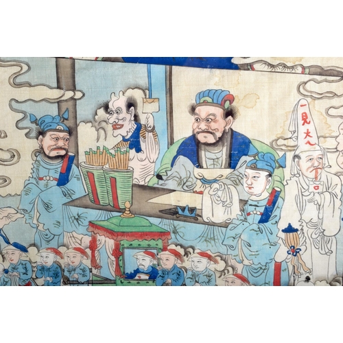 1200 - A LARGE 19TH CENTURY CHINESE PAINTED WATERCOLOUR Qing, depicting numerous scholars within a cloudy l... 