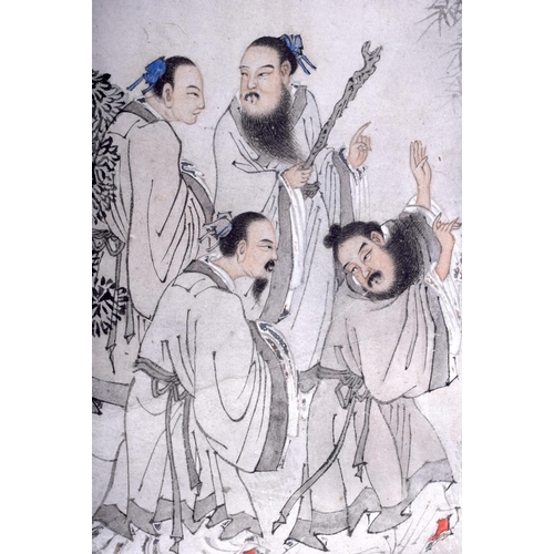 1202 - A 19TH CENTURY CHINESE PAINTED PITH PAPER WATERCOLOUR Qing, depicting seven scholars within a landsc... 