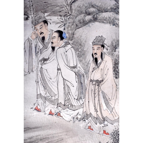 1202 - A 19TH CENTURY CHINESE PAINTED PITH PAPER WATERCOLOUR Qing, depicting seven scholars within a landsc... 