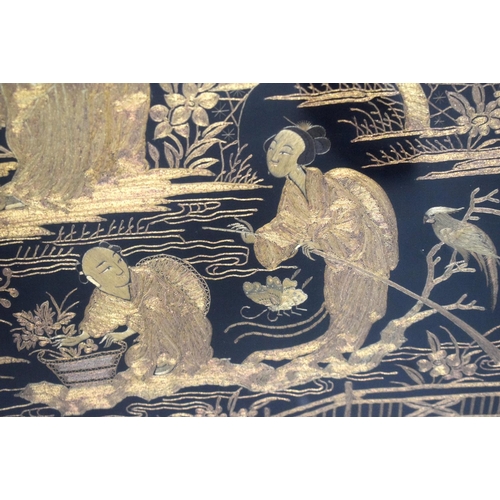 1208 - A 19TH CENTURY CHINESE FRAMED BLACK SILKWORK PANEL within a lovely aesthetic movement bamboo frame. ... 