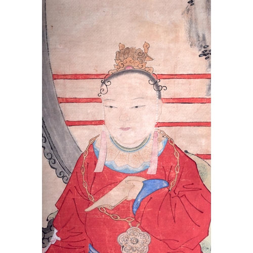 1209 - A LARGE 19TH CENTURY CHINESE PAINTED WATERCOLOUR Qing, depicting a seated scholar within a red fence... 