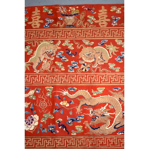 1210 - A LOVELY LARGE 19TH CENTURY CHINESE SILK WOOLWORK EMBROIDERED PANEL Qing, depicting dragons, phoenix... 