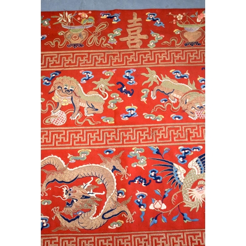 1210 - A LOVELY LARGE 19TH CENTURY CHINESE SILK WOOLWORK EMBROIDERED PANEL Qing, depicting dragons, phoenix... 