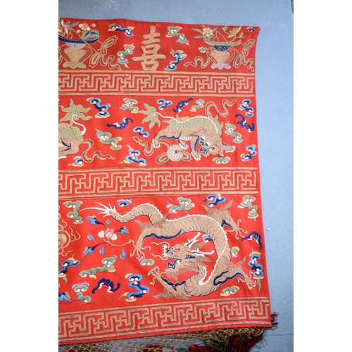 1210 - A LOVELY LARGE 19TH CENTURY CHINESE SILK WOOLWORK EMBROIDERED PANEL Qing, depicting dragons, phoenix... 