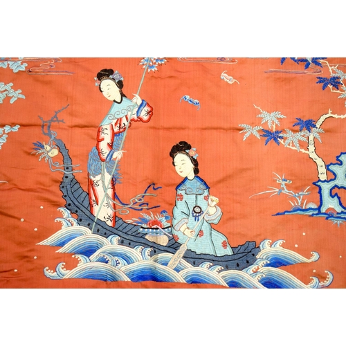 1218 - A VERY LARGE 19TH CENTURY CHINESE ORANGE SILKWORK EMBROIDERED PANEL Qing, depicting sage standing wi... 