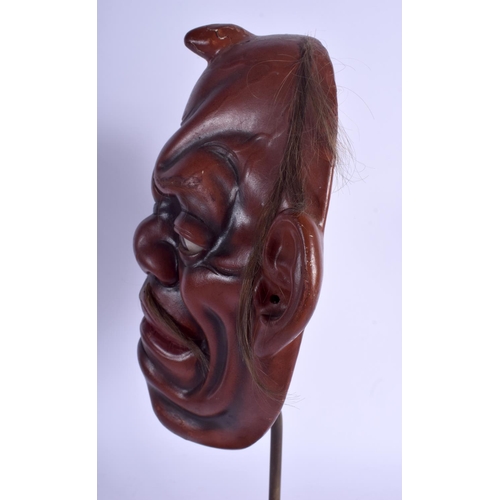 1221 - A LOVELY 18TH CENTURY JAPANESE EDO PERIOD RED LACQUERED NOH MASK modelled as a scowling male. Mask 2... 