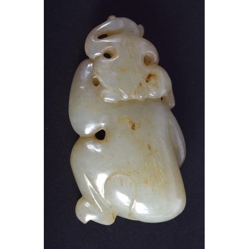 1258 - A CHINESE CARVED GREENISH WHITE JADE FIGURE OF MONKEYS 20th Century. 5.5 cm x 3.25 cm.