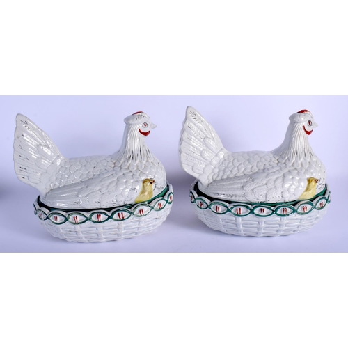 126 - A LARGE PAIR OF EARLY 19TH CENTURY ENGLISH PEARLWARE POTTERY HEN BOXES modelled upon lattice bases. ... 