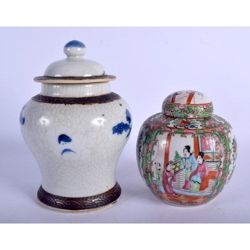 1308 - A 19TH CENTURY CHINESE BLUE AND WHITE GINGER JAR together with a Canton ginger jar. Largest 22 cm hi... 