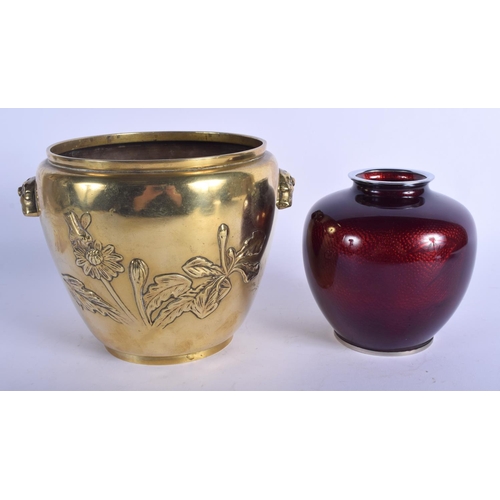 1317 - A 19TH CENTURY JAPANESE MEIJI PERIOD POLISHED BRONZE VESSEL together with a cloisonne enamel jar. La... 