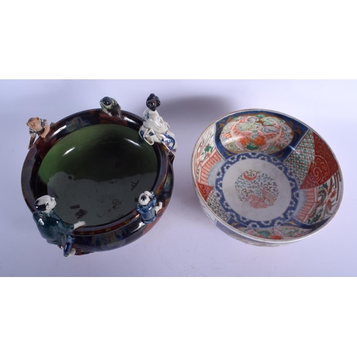 1318 - A LARGE 19TH CENTURY JAPANESE SUMIDA POO WARE BOWL together with an imari bowl. Largest 18 cm x 20 c... 