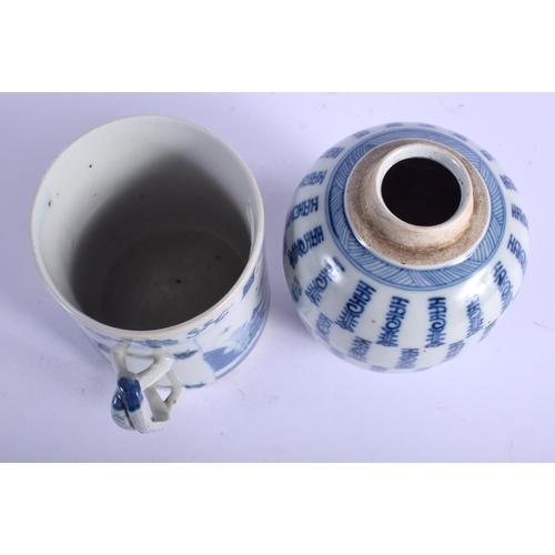 1321 - AN 18TH CENTURY CHINESE EXPORT BLUE AND WHITE MUG Qianlong, together with a calligraphy jar. Largest... 