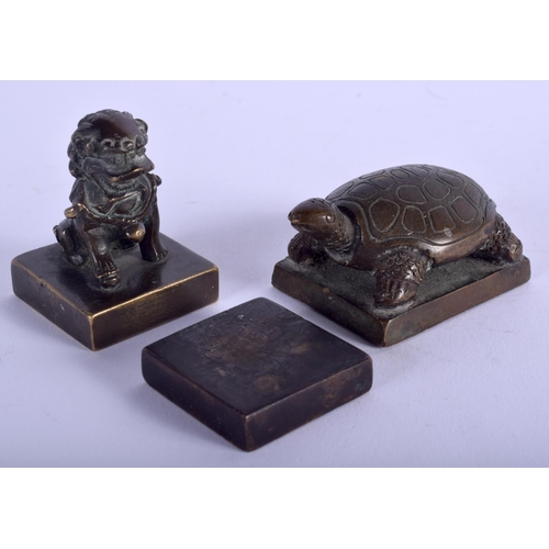 1337 - THREE 19TH CENTURY CHINESE BRONZE SEALS Qing. Largest 5 cm x 3 cm. (3)