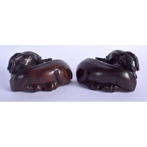 1342 - A FINE PAIR OF 19TH CENTURY CHINESE CARVED HARDWOOD RAMS possibly Zitan. 11 cm x 6 cm.