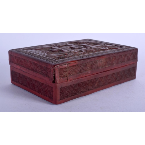 1346 - A 19TH CENTURY CHINESE CARVED CINNABAR LACQUER BOX AND COVER Qing. 14 cm x 9 cm.