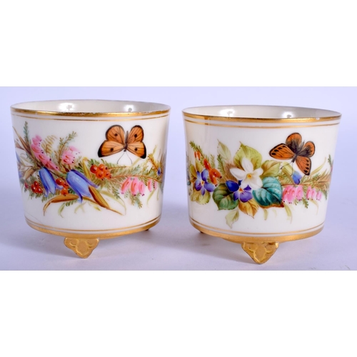 135 - A PAIR OF ANTIQUE ROYAL WORCESTER CIRCULAR SALTS painted with butterflies and foliage. 6 cm wide.