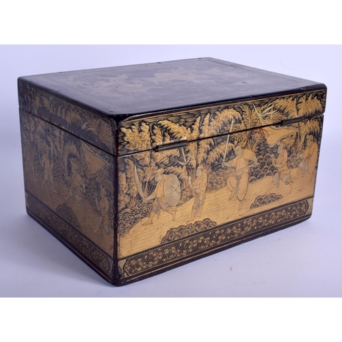 1352 - A LARGE 19TH CENTURY CHINESE EXPORT BLACK LACQUER TEA CADDY Qing, painted with warriors within lands... 