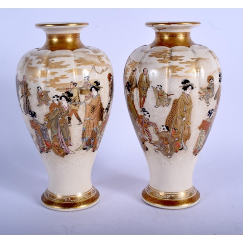 1353 - A PAIR OF 19TH CENTURY JAPANESE MEIJI PERIOD LOBED VASES painted with geisha and other figures withi... 