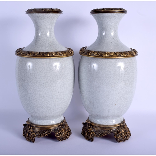 1357 - A LARGE PAIR OF 19TH CENTURY CHINESE GE TYPE POTTERY VASES with French mounts. 42 cm high.