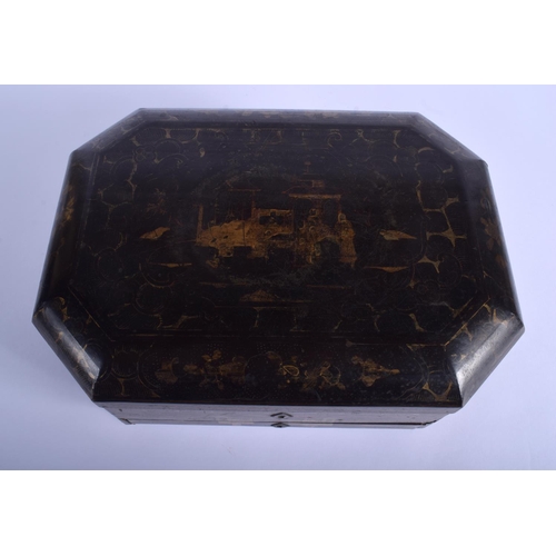 1383 - A LARGE 19TH CENTURY CHINESE EXPORT BLACK LACQUER GAMING BOX Qing. 28 cm x 21 cm.