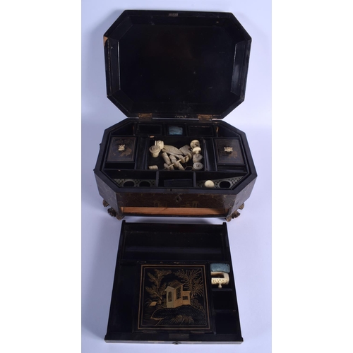 1383 - A LARGE 19TH CENTURY CHINESE EXPORT BLACK LACQUER GAMING BOX Qing. 28 cm x 21 cm.