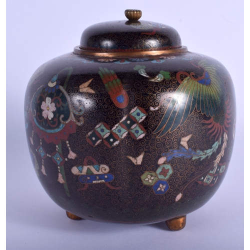 1384 - A 19TH CENTURY JAPANESE MEIJI PERIOD CLOISONNE ENAMEL JAR AND COVER decorated with birds and foliage... 