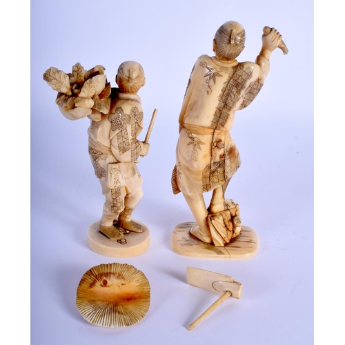 1391 - A 19TH CENTURY JAPANESE MEIJI PERIOD CARVED IVORY OKIMONO modelled as a farmer, together with anothe... 