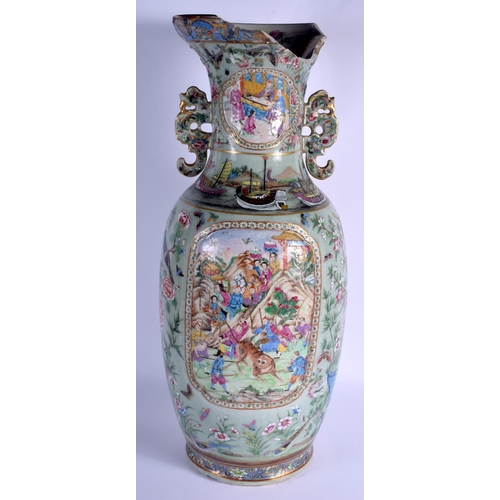 1396 - A VERY RARE LARGE 19TH CENTURY CHINESE FAMILLE ROSE CELADON VASE painted with an unusual banding of ... 