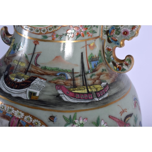 1396 - A VERY RARE LARGE 19TH CENTURY CHINESE FAMILLE ROSE CELADON VASE painted with an unusual banding of ... 