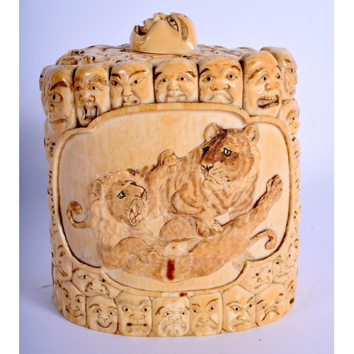 1399 - A RARE 19TH CENTURY JAPANESE MEIJI PERIOD CARVED IVORY TUSK VASE AND COVER decorated with portrait h... 