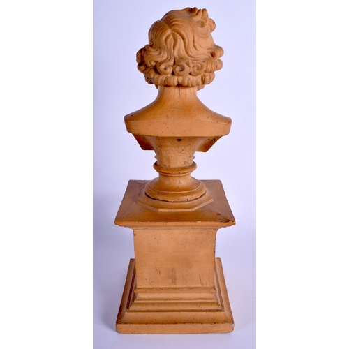 140 - A 19TH CENTURY FRENCH TERRACOTTA STONEWARE BUST OF A MALE modelled upon a square form plinth. 30 cm ... 