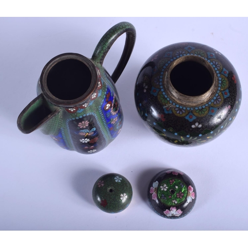 1401 - TWO EARLY 20TH CENTURY JAPANESE MEIJI PERIOD CLOISONNE ENAMEL ARTICLES. Largest 13 cm high. (2)