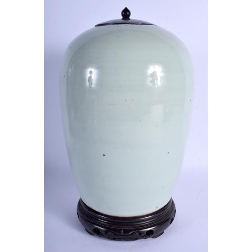 1408 - A LARGE 19TH CENTURY CHINESE CELADON BLUE AND WHITE VASE Qing, painted with Buddhistic lions. 29 cm ... 