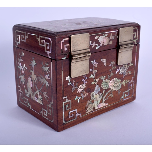 1429 - A 19TH CENTURY CHINESE HONGMU MOTHER OF PEARL INLAID TEA CADDY decorated with birds and foliage. 12 ... 