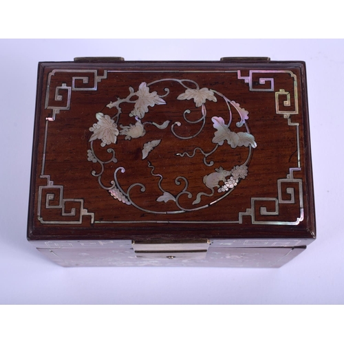 1429 - A 19TH CENTURY CHINESE HONGMU MOTHER OF PEARL INLAID TEA CADDY decorated with birds and foliage. 12 ... 