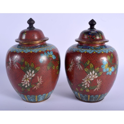 1431 - A PAIR OF EARLY 20TH CENTURY CHINESE CLOISONNE ENAMEL VASES AND COVERS Late Qing/Republic. 21 cm hig... 