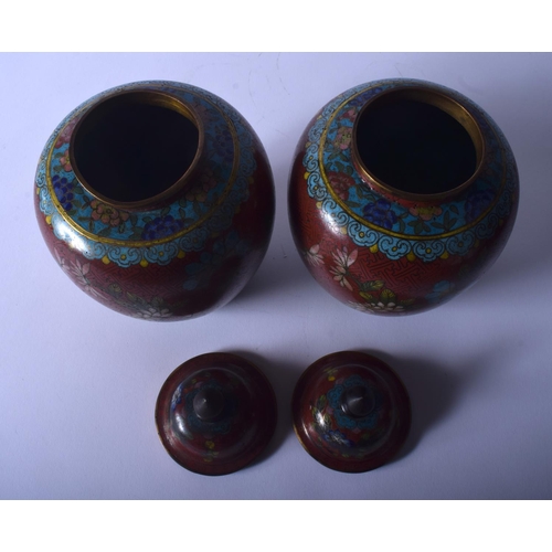 1431 - A PAIR OF EARLY 20TH CENTURY CHINESE CLOISONNE ENAMEL VASES AND COVERS Late Qing/Republic. 21 cm hig... 