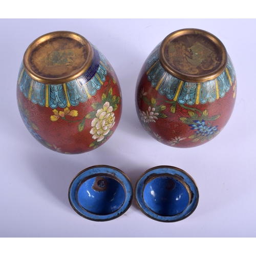 1431 - A PAIR OF EARLY 20TH CENTURY CHINESE CLOISONNE ENAMEL VASES AND COVERS Late Qing/Republic. 21 cm hig... 