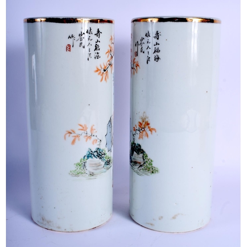 1458 - A PAIR OF CHINESE FAMILLE ROSE REPUBLICAN PERIOD PORCELAIN VASES painted with figures within landsca... 