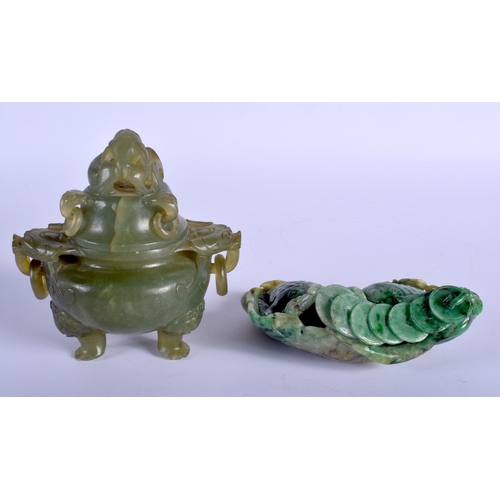 1460 - AN EARLY 20TH CENTURY CHINESE CARVED JADEITE BRUSH WASHER formed with toads holding coinage, togethe... 