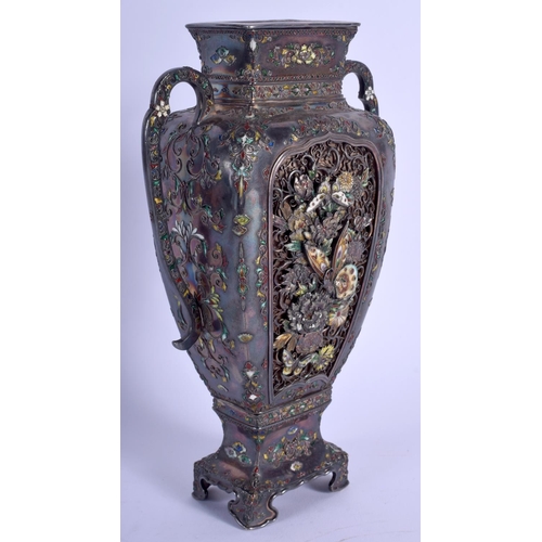 1470 - A LOVELY 19TH CENTURY JAPANESE MEIJI PERIOD SILVER AND ENAMEL VASE decorated with foliage and vines.... 