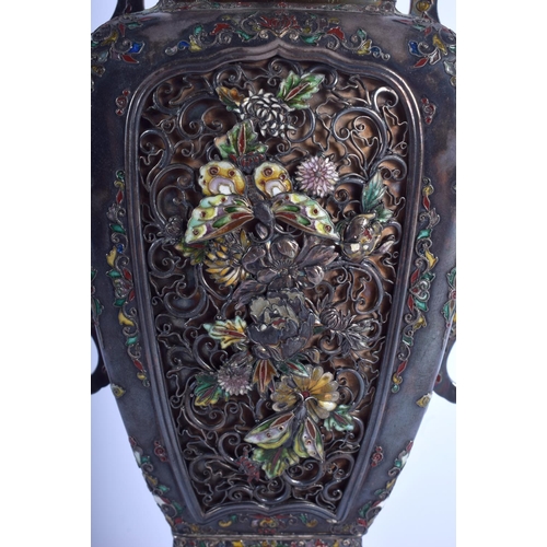 1470 - A LOVELY 19TH CENTURY JAPANESE MEIJI PERIOD SILVER AND ENAMEL VASE decorated with foliage and vines.... 