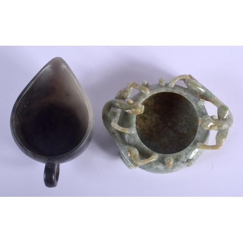 1476 - A 19TH CENTURY CHINESE CARVED JADEITE BRUSH WASHER together with an agate cup. 11 cm wide. (2)