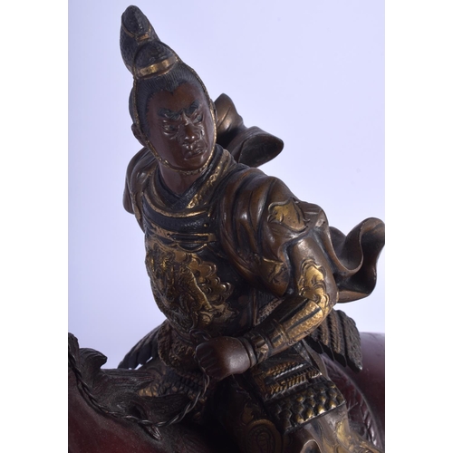 1487 - A GOOD 19TH CENTURY JAPANESE MEIJI PERIOD BRONZE OKIMONO modelled as a Miyao style warrior upon a ho... 