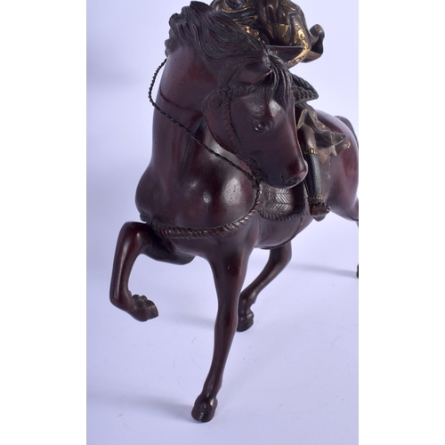 1487 - A GOOD 19TH CENTURY JAPANESE MEIJI PERIOD BRONZE OKIMONO modelled as a Miyao style warrior upon a ho... 