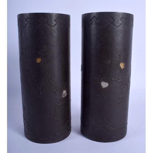 1493 - A LOVELY PAIR OF 19TH CENTURY JAPANESE MEIJI PERIOD IRON VASES decorated in gold and silver work wit... 